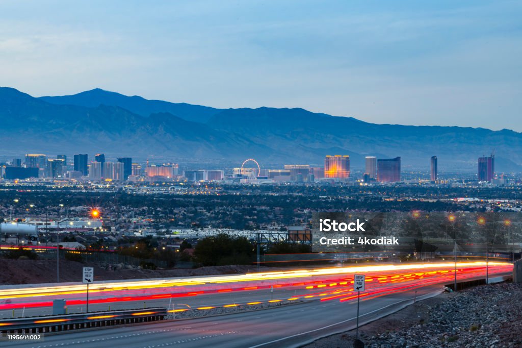 Las Vegas skyline at twilight Las Vegas skyline in the evening hour Las Vegas Stock Photo