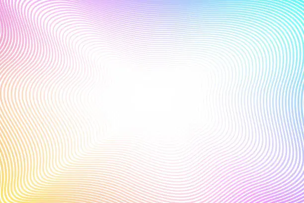 Vector illustration of Iridescent striped background. Squiggle thin curves. Pastel magenta, yellow, teal gradient. Energetic line art pattern with flash effect. Concept of perspective. Vector abstract wavy frame. EPS10 illustration