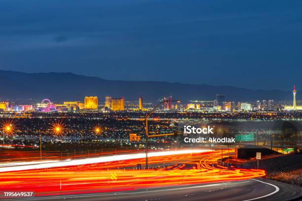 Las Vegas Skyline At Twilight Stock Photo - Download Image Now - Las Vegas, Traffic, Wynn Las Vegas