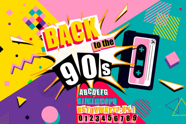 Colourful back to the 90s poster design with burst effect, old audio cassette tape, alphabet and numbers on a vivid geometric background, vector illustration