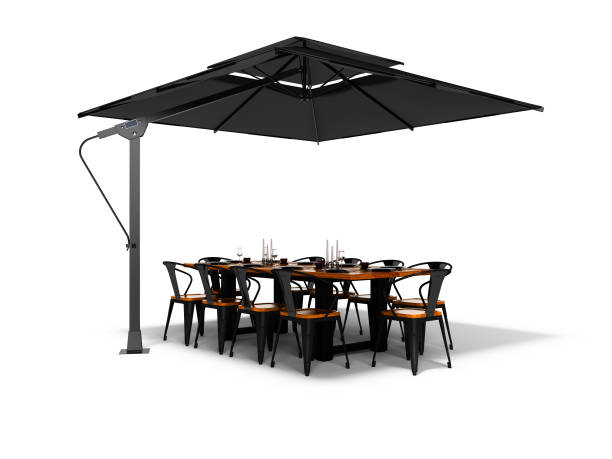istock Concept umbrella for restaurant on side support with table and chairs 3d render on white background with shadow 1195652473
