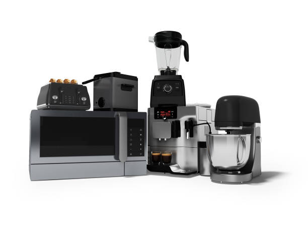 istock Group of kitchen appliances automatic professional coffee machine toaster mixer 3d render on white background with shadow 1195652527