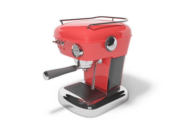 istock Red carob coffee machine with water tank 3d render on white background with shadow 1195653296