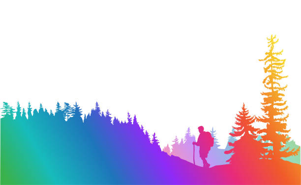Mountain Top Hiking Rainbow Person making their way up a mountain. silhouette evergreen tree back lit pink stock illustrations
