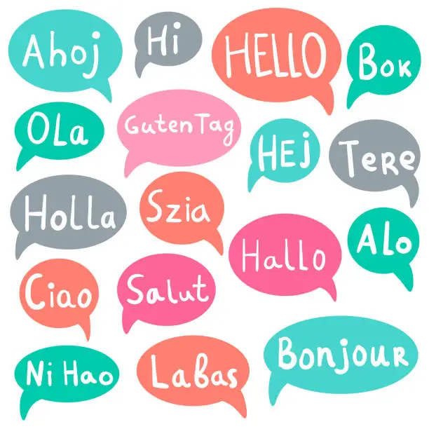 Vector illustration of Words Hello, Hi with speech bubbles on different languages. Hand drawn text isolated on white background.  Vector illustration.