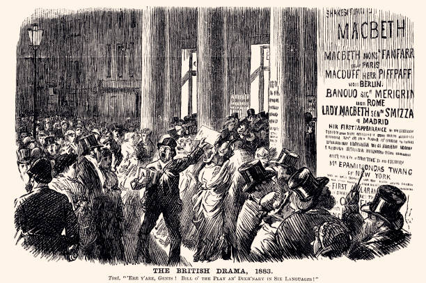 MACBETH (XXXL) MACBETH AND THE BRITISH DRAMA.
Vintage etching circa late 19th century newspaper boy hat stock illustrations