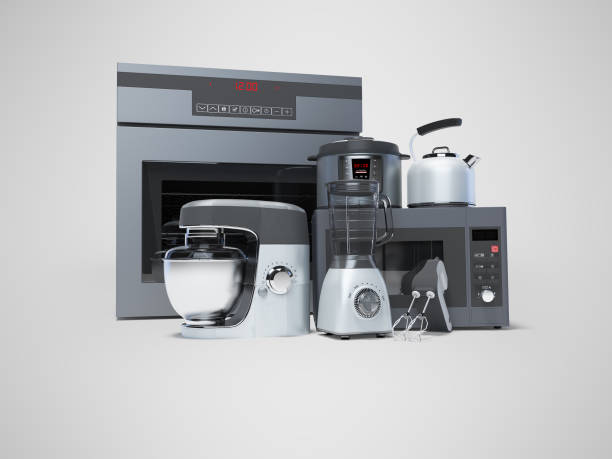 istock Kitchen appliances built into the group electric oven microwave blender electric kettle 3d rendering on gray background with shadow 1195654274