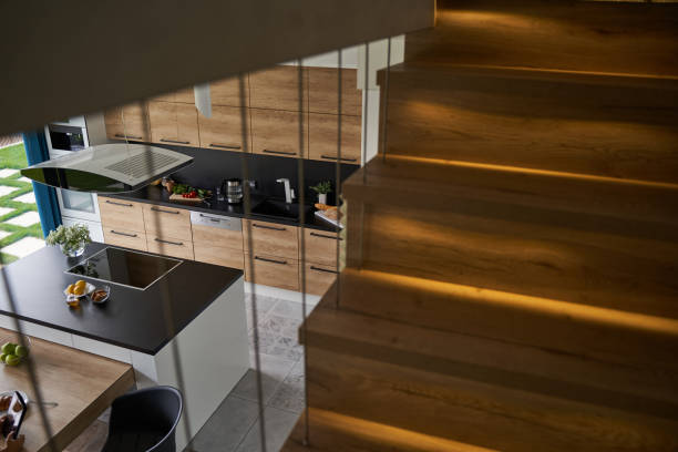istock Open plan kitchen area in a modern minimalist style home 1195655141