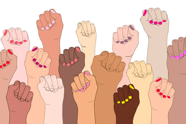 ilustraciones, imágenes clip art, dibujos animados e iconos de stock de manos femeninas sobre un fondo blanco. un símbolo del movimiento feminista, la lucha y la resistencia. - luchar ilustraciones