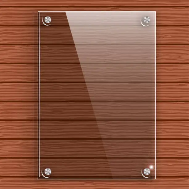 Vector illustration of Glass plate on the background wall of wooden planks.