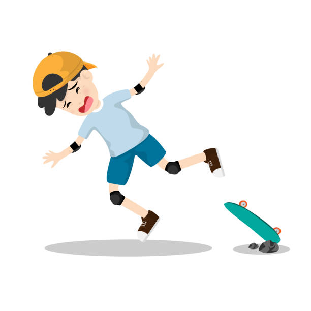 Little boy ride a skateboard and falling isolated on background. Vector illustration in cartoon character flat style. Little boy ride a skateboard and falling isolated on background. Vector illustration in cartoon character flat style. extreem weer stock illustrations