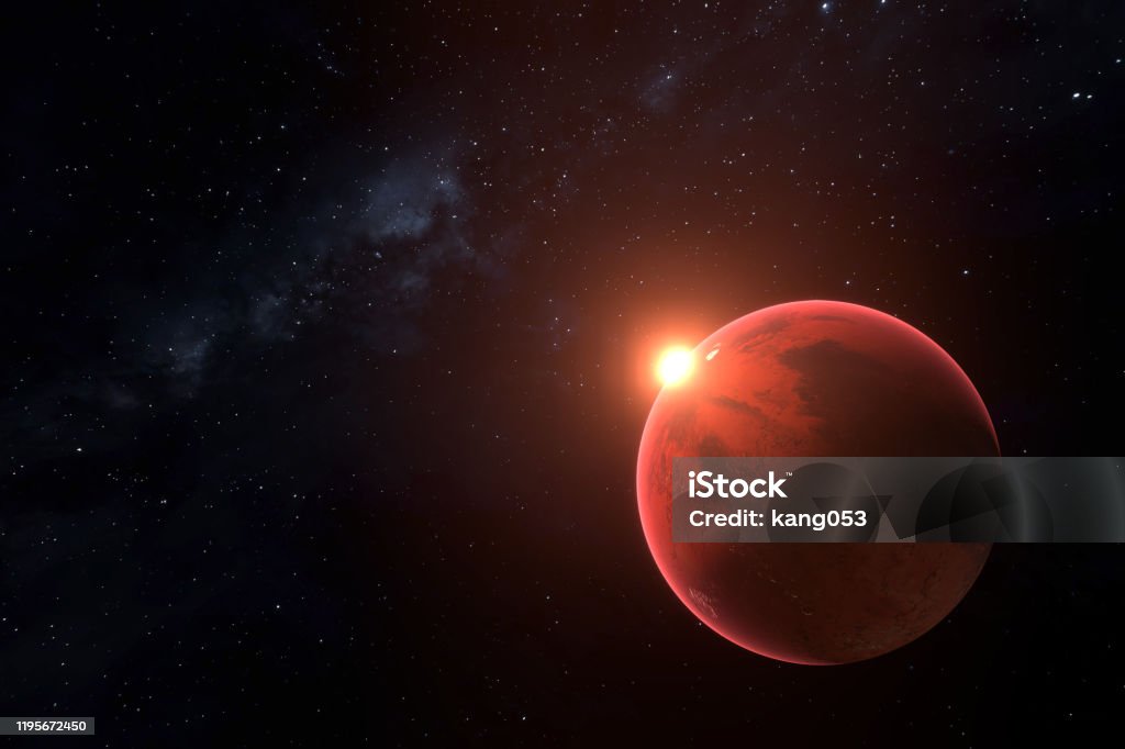 3D Rendering illustration of the planet Mars on space with atmosphere .Detailed surface features realistic high resolution.Elements of this image furnished by NASA. Space Exploration Stock Photo