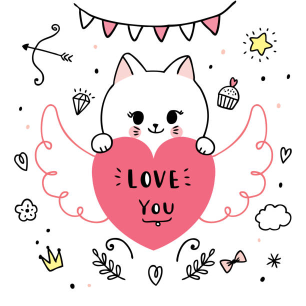 Cartoon Cute Valentines Day Cats And Heart Doodle Vector Stock Illustration  - Download Image Now - iStock