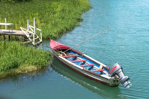 Colorful tour/ fishing boat/ motorboat/ rowboat docked on river bank in scenic landscape countryside coastal setting on Great River in Jamaica. Sunny summer/ summertime on the Caribbean island.
