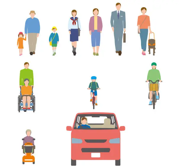 Vector illustration of People, bicycles, automobiles. Illustration seen from the front.