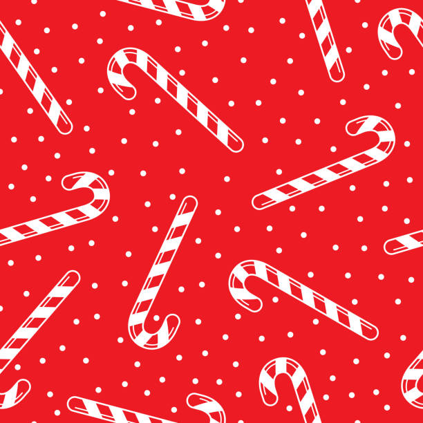 Candy Canes And Snow Seamless Pattern Vector seamless pattern of candy canes and snow on a red background. candy peppermint christmas mint stock illustrations