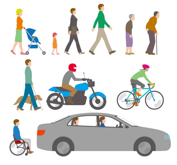 ilustraciones, imágenes clip art, dibujos animados e iconos de stock de gente, bicicletas, automóviles. ilustración vista desde un lado. - cycling senior adult sports helmet men
