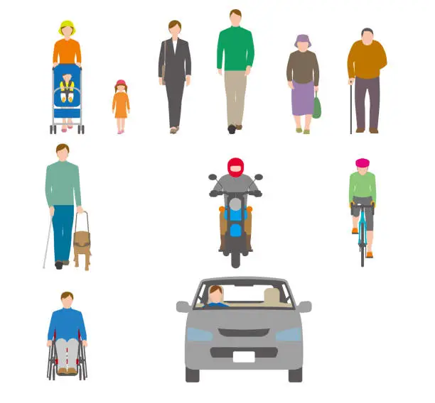 Vector illustration of People, bicycles, automobiles. Illustration seen from the front.