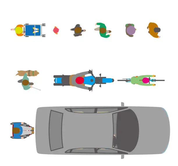 Vector illustration of People, bicycles, automobiles. Illustration seen from the top.