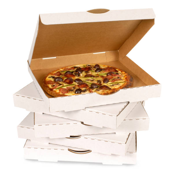Pizza in plain white box stock photo