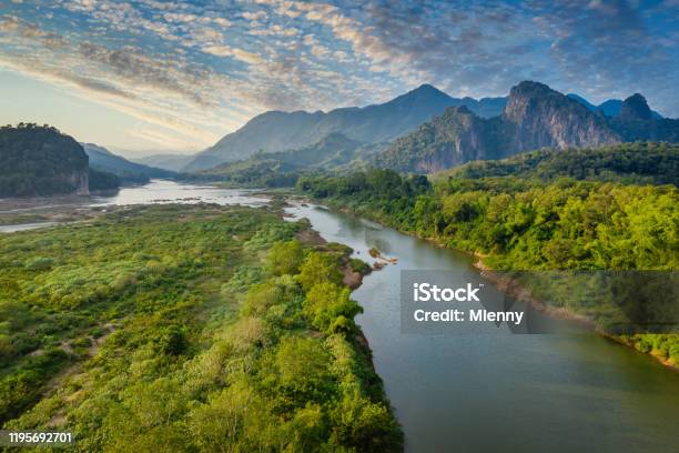 Mekong River In Laos Luang Prabang Pak Ou Drone View Stock Photo - Download Image Now