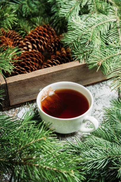 Cup of tea with forest decorations Cup of tea with forest decorations. Selective focus. Shallow depth of field. pine needle tea stock pictures, royalty-free photos & images