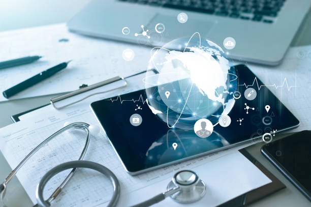 Medical global networking and healthcare global network connection on tablet, Medical technology. Medical global networking and healthcare global network connection on tablet, Medical technology. virtual reality simulator photos stock pictures, royalty-free photos & images