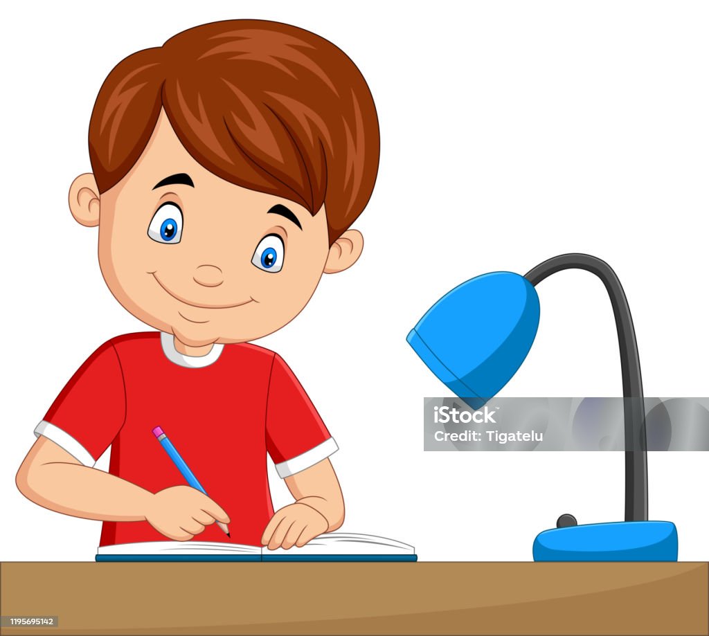 Cartoon Little Boy Studying On The Table Stock Illustration - Download  Image Now - Homework, Child, Fun - iStock