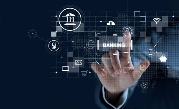 istock Businessman touching icon and word banking on global network connection, virtual screen dark background. 1195695216