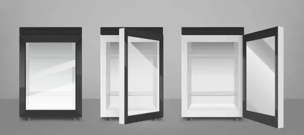 Vector illustration of Black mini refrigerator with transparent glass door