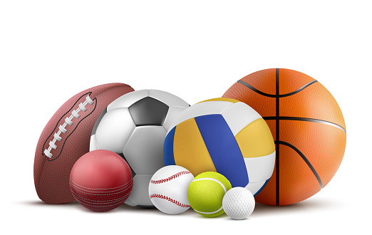 Soccer, volleyball, baseball and rugby equipment. Vector realistic collection of cricket, tennis and other sports objects isolated on white background