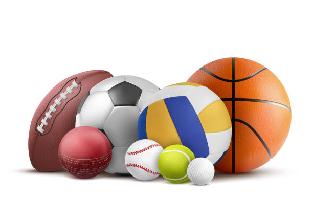 Balls for soccer, rugby, baseball and other sports Soccer, volleyball, baseball and rugby equipment. Vector realistic collection of cricket, tennis and other sports objects isolated on white background sports stock illustrations