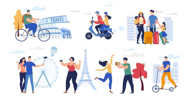 Traveling People Flat Vector Characters Set Traveling People Trendy Flat Vector Characters Set Isolated on White Background. Female, Male Tourists Riding Bicycle and Scooter, Traveling Family, Travelers Visiting Foreign Countries Illustrations family trips and holidays stock illustrations