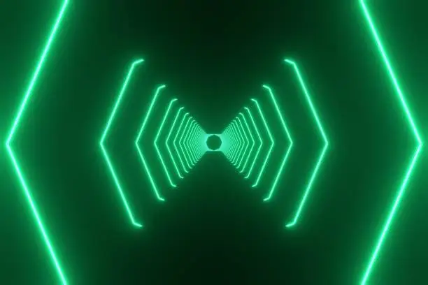 Abstract future technology laser show, interior green neon lights glowing lines,backdrop fluorescent tunnel background .Futuristic sci-fi 3D structure rendering illustration concept.