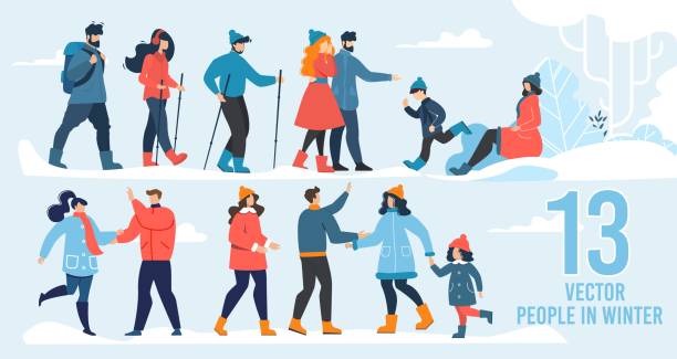 ilustrações de stock, clip art, desenhos animados e ícones de vector people character in winter scene flat set - winter men joy leisure activity