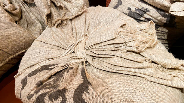 istock Burlap sack, hemp texture background pattern. Close up of hessian texture background pattern 1195699552