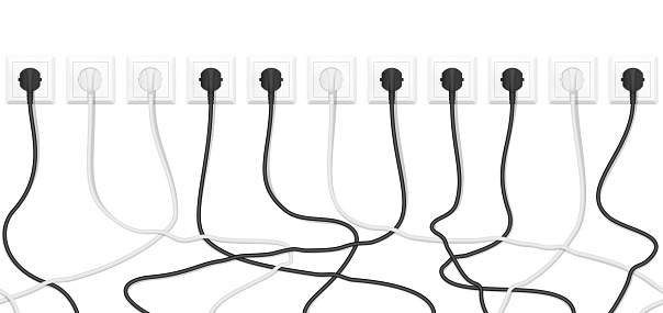 Realistic electric white socket with connected white and black plugs. Seamless vector tangled wires background