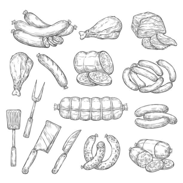 Pork and beef meat food, cutlery fork and knife Meat food, sausages and kitchen cutlery isolated monochrome sketches. Vector beef and pork, lamb and mutton salami, bacon ham and chicken leg. Frankfurter and turkey, butcher shop and knife, fork meat drawings stock illustrations