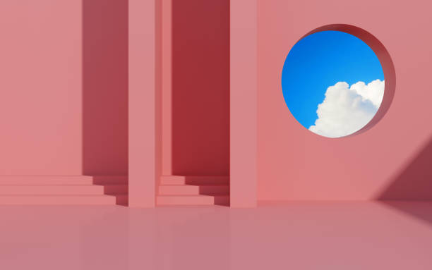istock Minimal interior space with geometric form and pastels color,Sun light cast the shadow on wall with blue sky background. 3D rendering. 1195699857