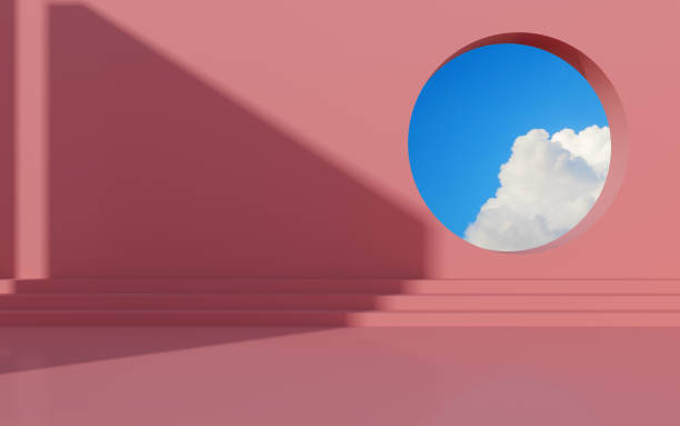 istock Minimal interior space with geometric form and pastels color,Sun light cast the shadow on wall with blue sky background. 3D rendering. 1195699861