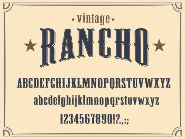 Western alphabet font, Wild West letters, numbers Wild West Western alphabet font vector design. Vintage type and typeface of capital and lowercase letters, numbers and punctuation marks, cowboy ranch, old American and Texas saloon themes rodeo stock illustrations