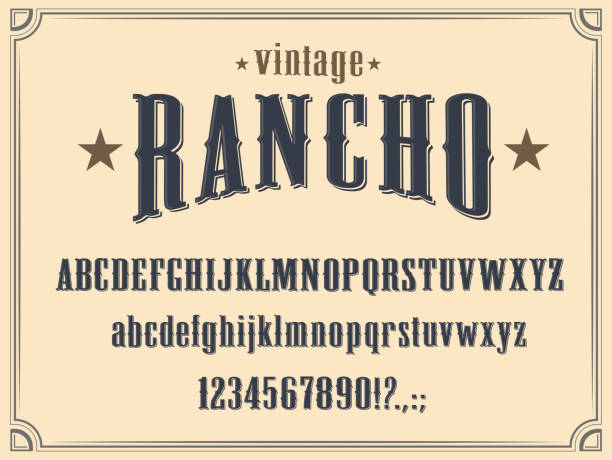 Western alphabet font, Wild West letters, numbers Wild West Western alphabet font vector design. Vintage type and typeface of capital and lowercase letters, numbers and punctuation marks, cowboy ranch, old American and Texas saloon themes texas cowboy stock illustrations