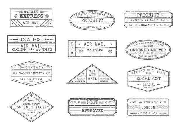 항공 우편 우송 비밀, 우선 메일 우표 - postage stamp air mail envelope mail stock illustrations