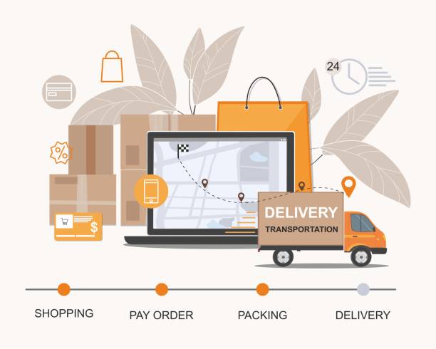 illustrazioni stock, clip art, cartoni animati e icone di tendenza di servizio di consegna. logistica aziendale, tecnologie logistiche intelligenti, servizio di consegna commerciale infografica - van delivery van mini van messenger