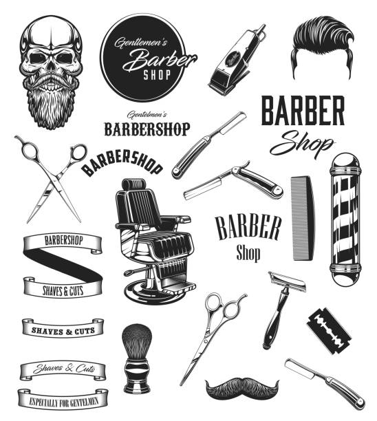 Barbershop icons, mustache and beard barber tools Barber shop vintage vector icons, barbershop mustaches and beard shave salon symbols. Barber equipment tools, scissors and hipster skull, razors, shaving brush and hair dryer, chair and pole signage safety razor stock illustrations