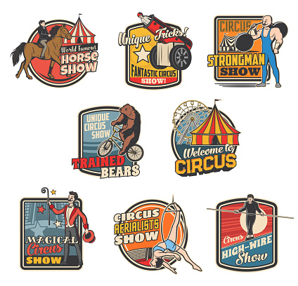 Circus and funfair carnival, vector vintage retro icons and emblems. Shapito big top circus show of strongman and magician, equilibrists, trained bear on bicycle and high-wire tightrope walking