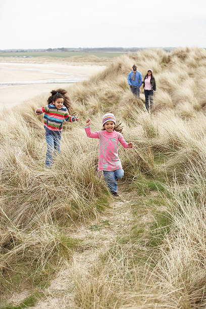istock Family Walking Along Dunes On Winter Beach 119570963