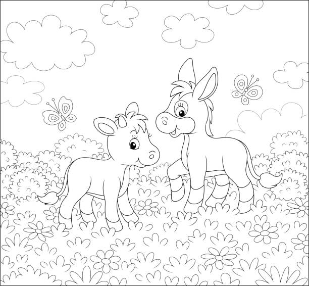 Neddy and Calf Small donkey and a little calf walking among wild flowers on grass of a summer field on a beautiful sunny day, black and white vector cartoon illustration for a coloring book grass vector meadow spring stock illustrations