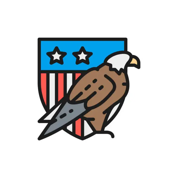 Vector illustration of Eagle with USA shield, coat of arms of America flat color line icon.