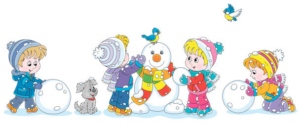 재미있는 눈사람을 만드는 작은 아이들 - playground snow winter little girls stock illustrations